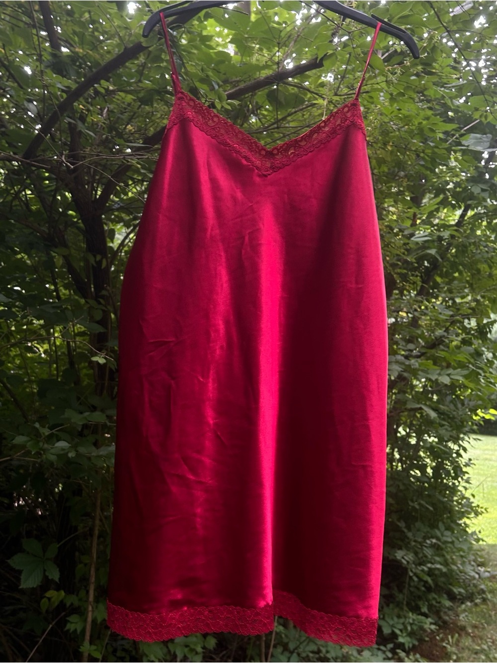 Valerie Stevens Red Satin Lace Trim Slip Dress Nightgown